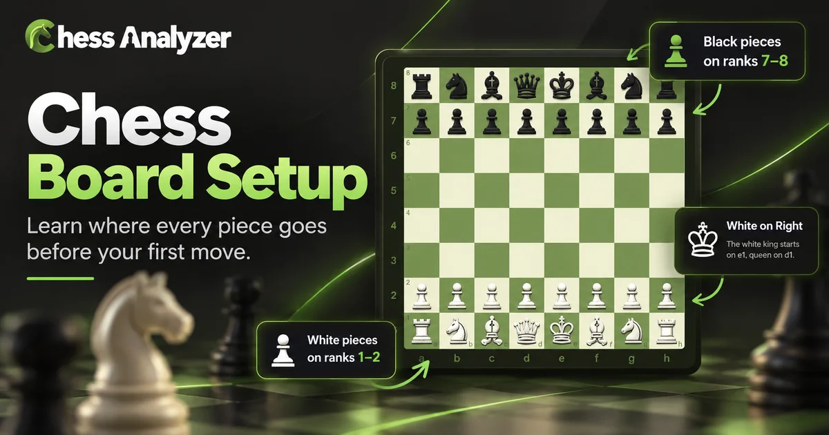 Chess Board Setup: How to Set Up a Chessboard Correctly Chess board setup with correct starting positions for White and Black pieces